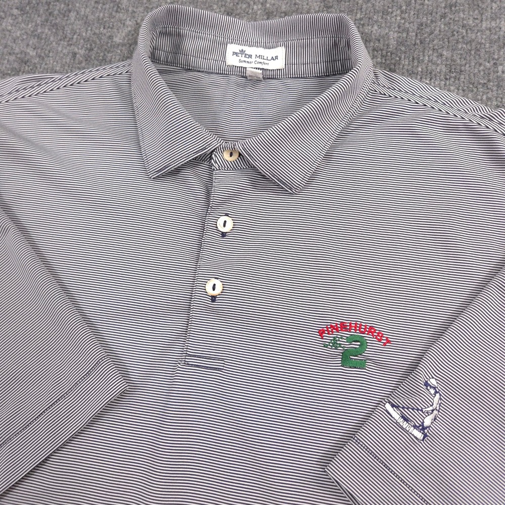 Peter Millar Pinehurst No. 2 Summer Comfort Polo Mens XL Navy White Striped Golf
